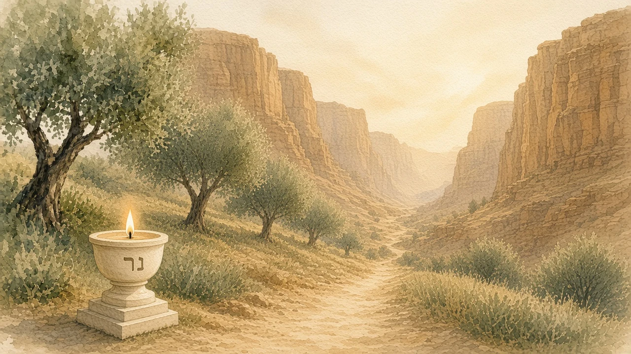 Soft watercolor canyon with ochre walls and a sandy path, cream Nēr lamp with נר in soft warm light.