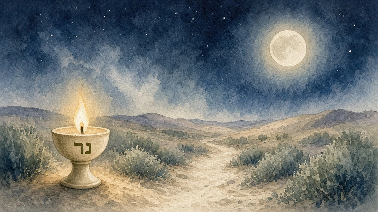 Soft watercolor desert night under moon and stars, cream Nēr lamp with נר glowing on a sandy path.