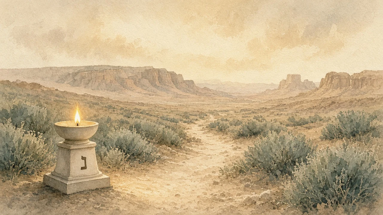 An illustrated desert path winding through warm sandstone mesas beneath a soft sage sky