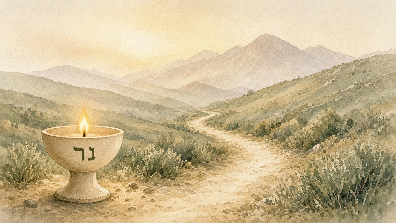 Soft watercolor mountain path at dawn through sage hills, cream Nēr lamp with נר lighting the way.