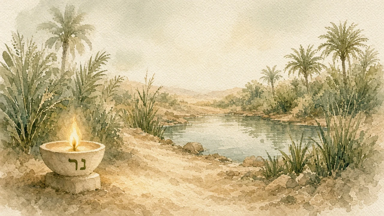 Soft watercolor oasis with still water, palms and reeds, cream Nēr lamp with נר glowing on a sandy path.