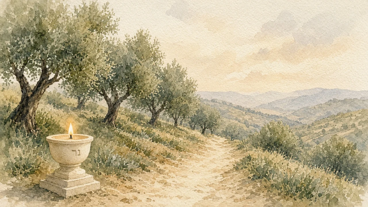 Soft watercolor olive grove on a hillside path, cream Nēr lamp with נר and a gentle path glow.