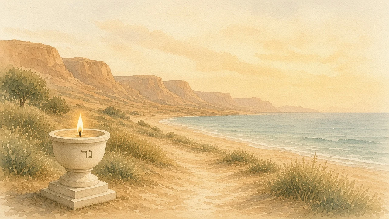 Soft watercolor quiet beach with sage water and terracotta cliffs, cream Nēr lamp with נר on the shore path.