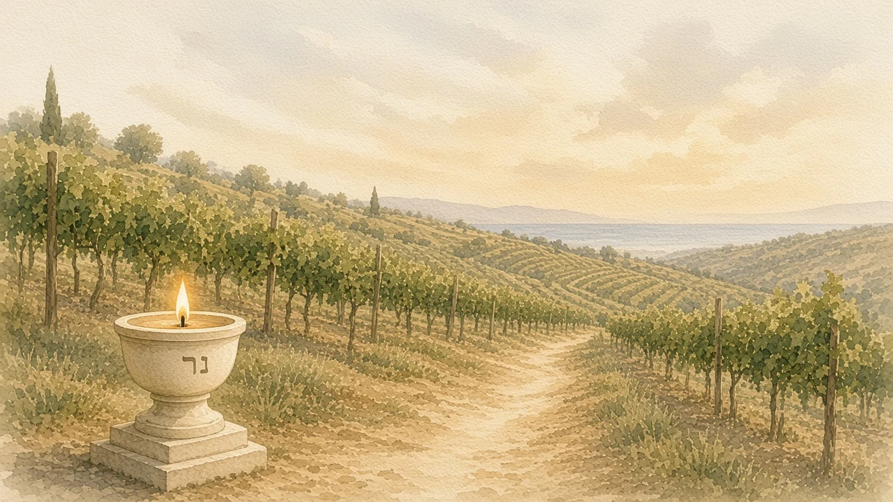 Soft watercolor vineyard rows along a sandy path toward the sea, cream Nēr lamp with נר and path glow.